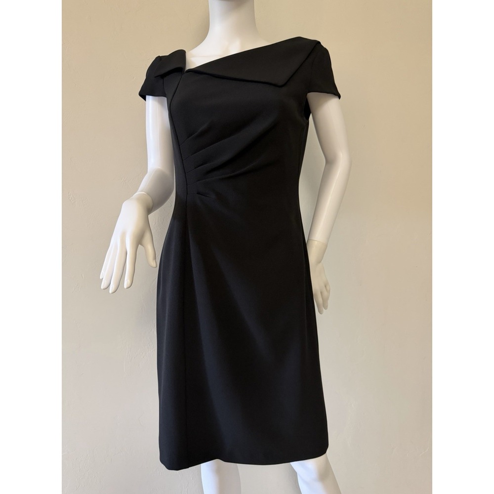 Tahari Arthur S. Levine Sheath Dress Asymmetrical Neck Pleated Black Size 8 - Picture 2 of 16